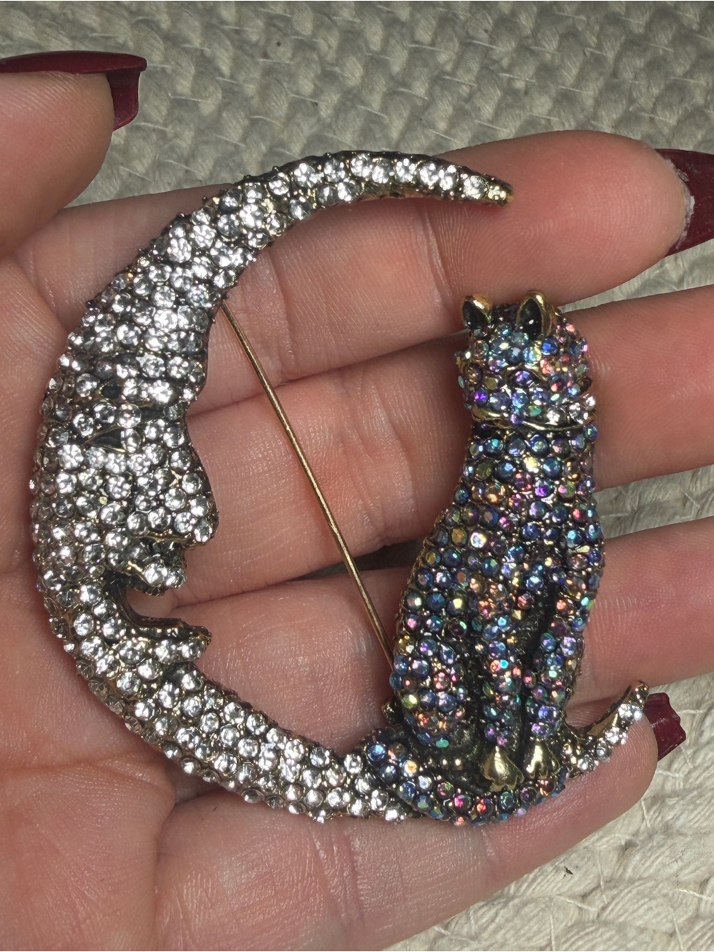 Halloween Black Cat Crescent Moon Brooch Rhinestone Witchy Jewelry